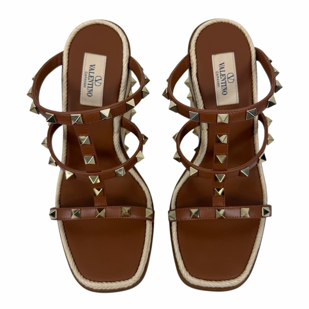 Valentino Garavani Rockstud 100 Espadrille Wedge Sandal Tan Size 37 - Picture 5 of 11